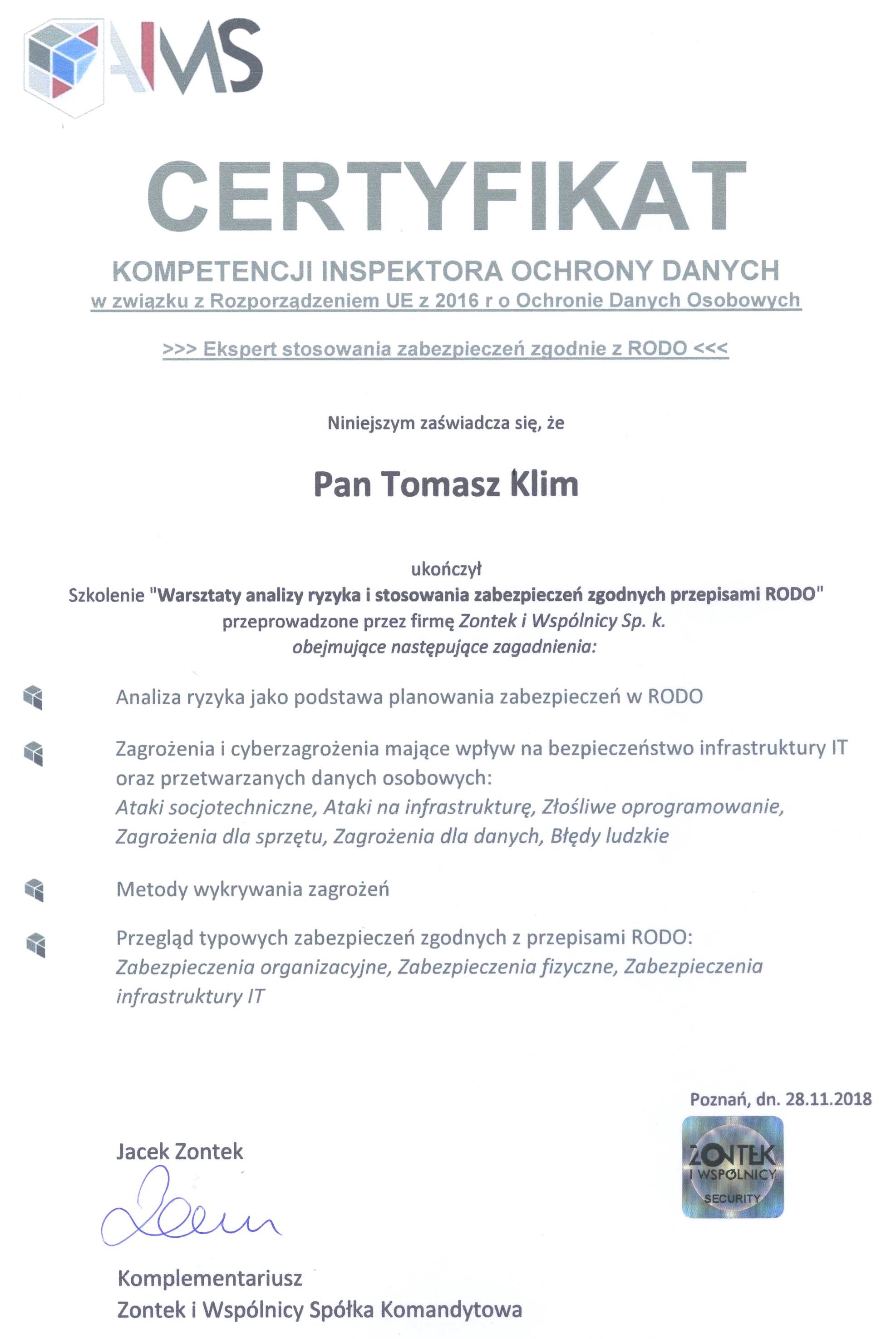 Certyfikat kompetencji Inspektora Ochrony Danych